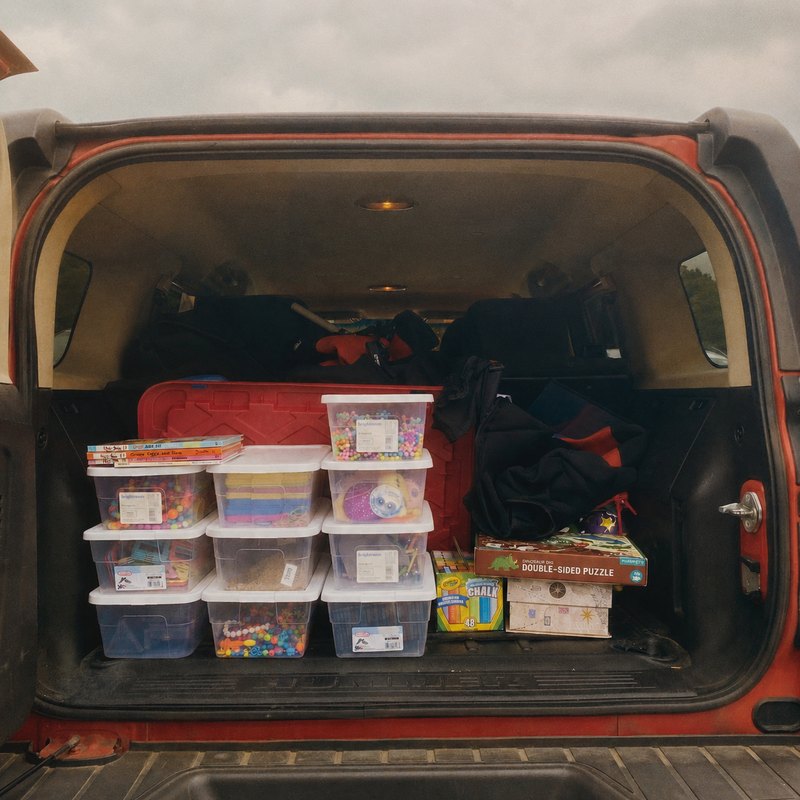 Danika's tutoring materials boxed and loaded in the back of her vehicle.