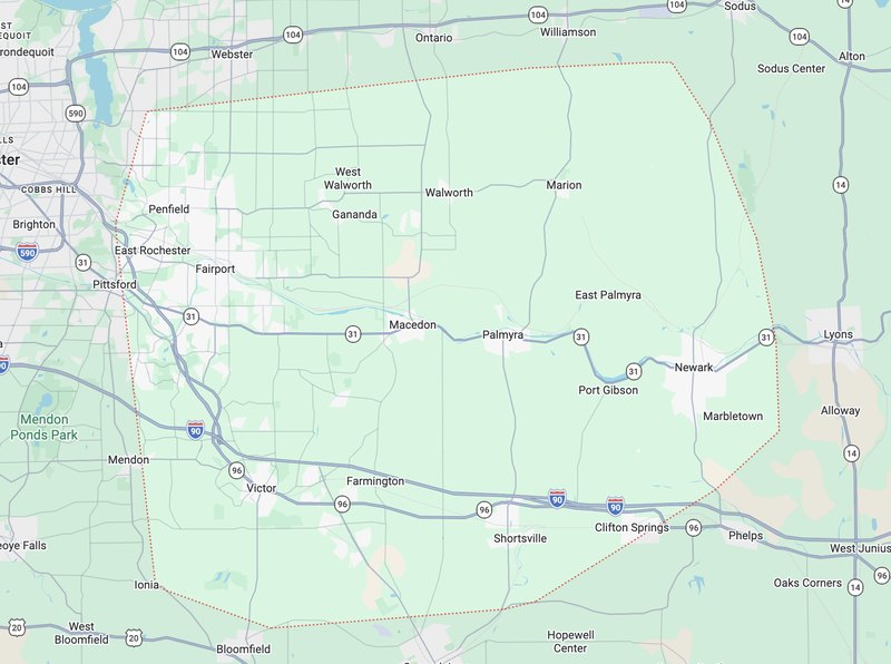 Map of the Beyond School Tutoring service area east of Rochester, New York: a boundary drawn around Penfield, East Rochester, Fairport, Walworth, Macedon, Palmyra, Newark, Marion, Victor, Farmington and Clifton Springs, across Monroe, Wayne and Ontario counties.